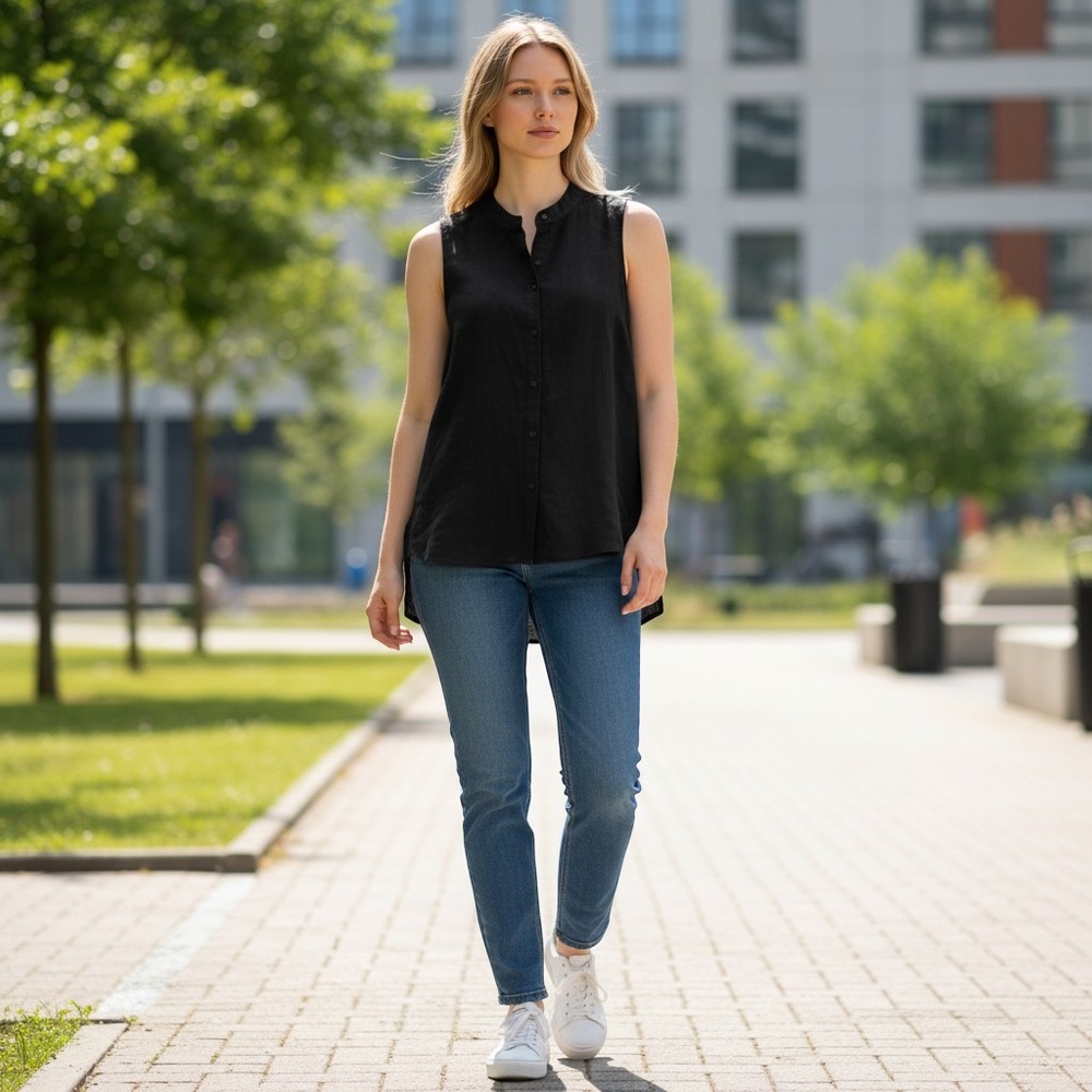 Eileen Fisher Black Organic Linen Sleeveless Mandarin Collar Button Down Tunic M